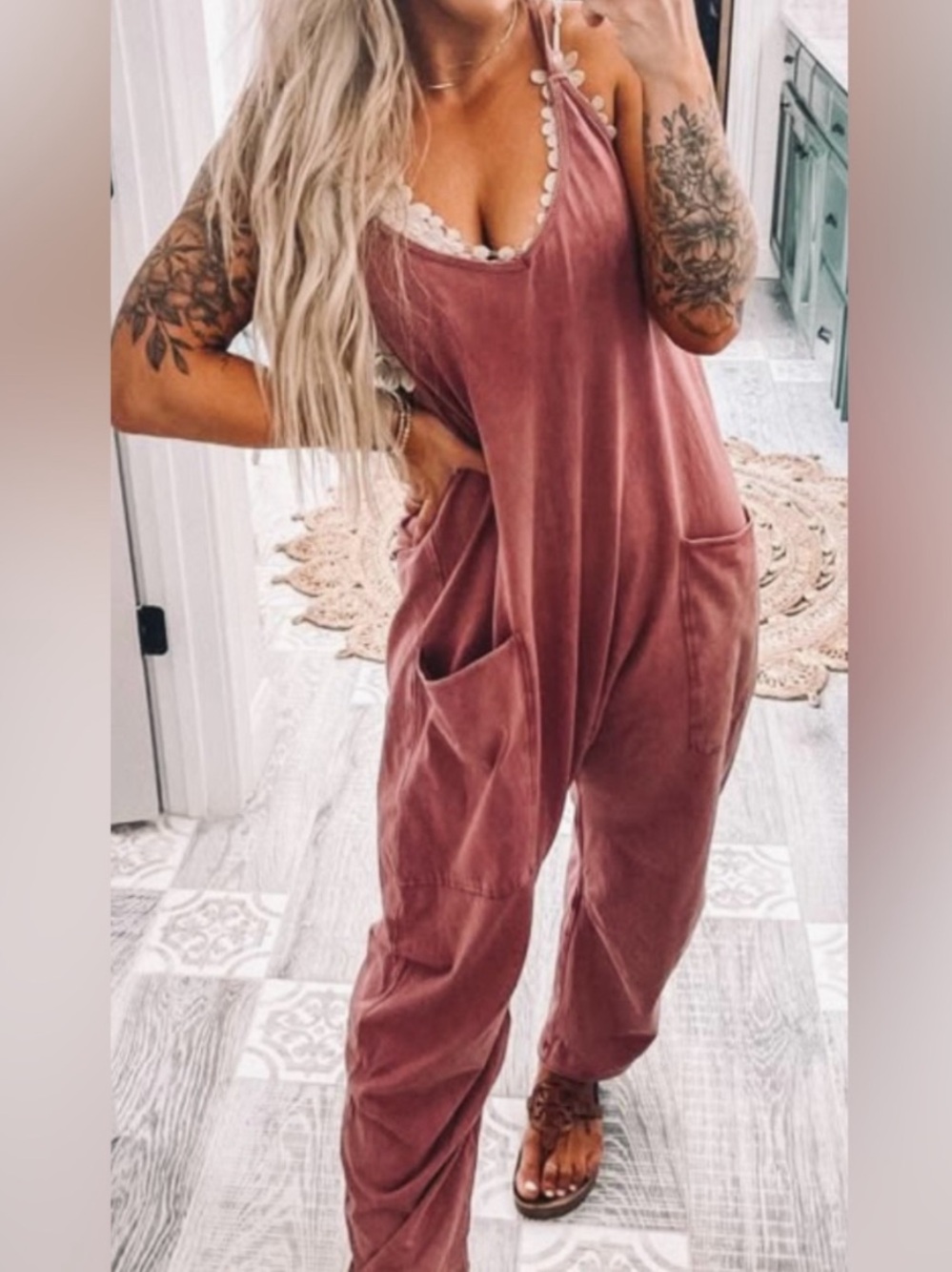 Zenana Relaxed Velvet Mauve Boho Jumpsuit with Pockets! NWT! Size L/XL